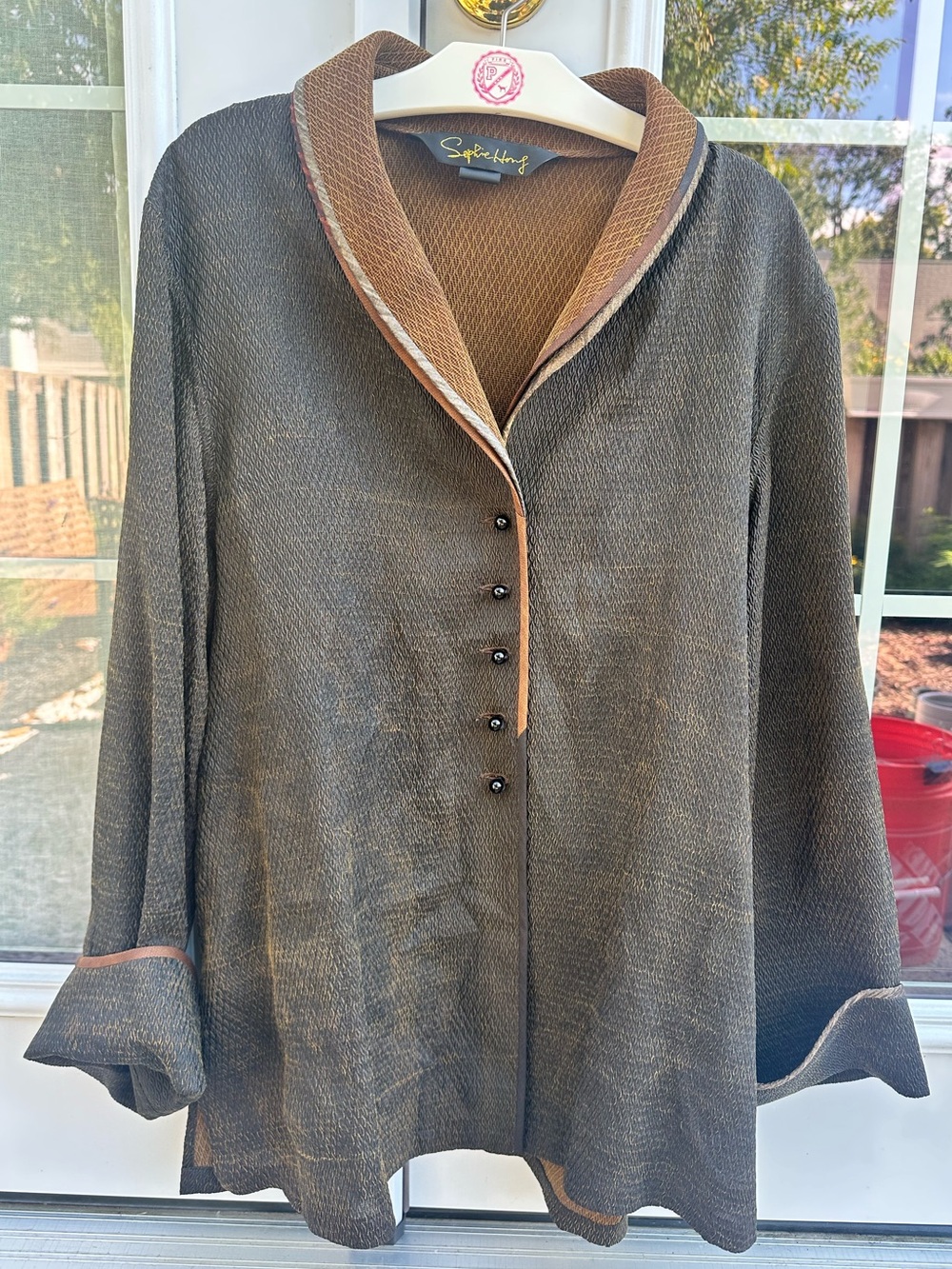 Sophie Hong 100% Mud Silk Crinkle Shirt Jacket Brown Gold Textured Tunic 42 EUC